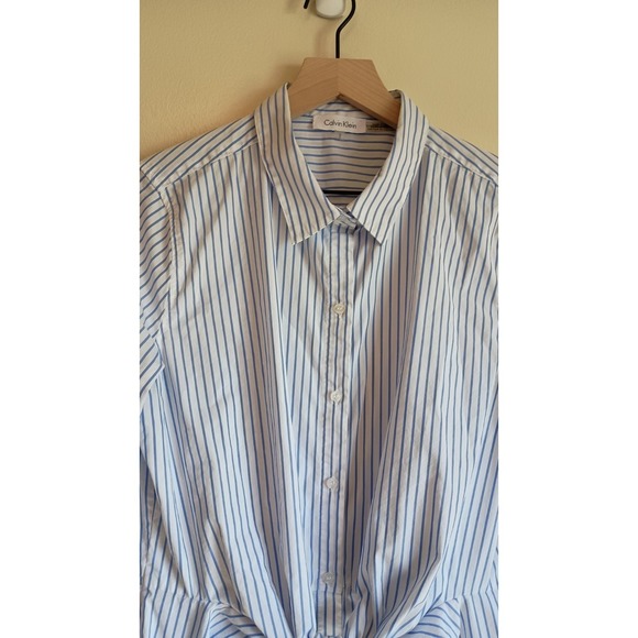 Calvin Klein Blue White Striped Tunic Button Down Blouse Roll Tab Sz L Tie Front - Picture 3 of 10
